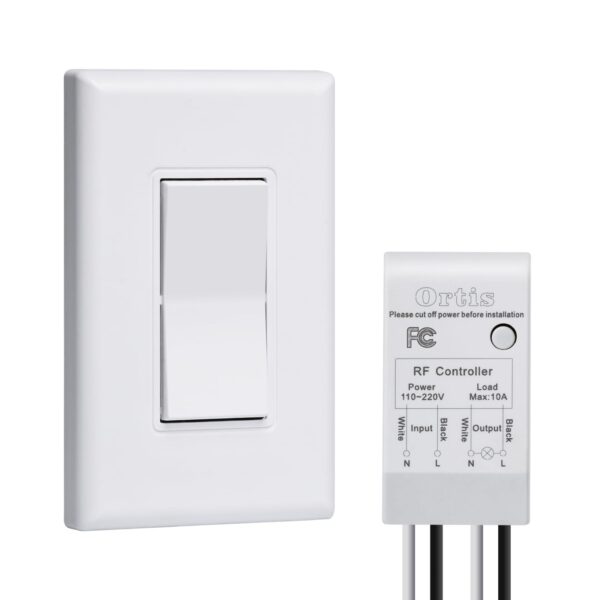 Wireless Light Switch and Receiver Kit, Ortis 300ft RF Range Wireless Wall Switches for Lights & Fans, Battery Included, No Wiring Needed, Suitable for incadescent, Halogen, Fluorescent CFL