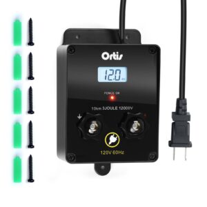 Electric Fence Energizer with LCD Display, Ortis 12,000V 3 Joules Electric Fence Charger, 6.2 Mile Range, Safe & Effective Animal Control for Livestock, Garden & Pasture Protection