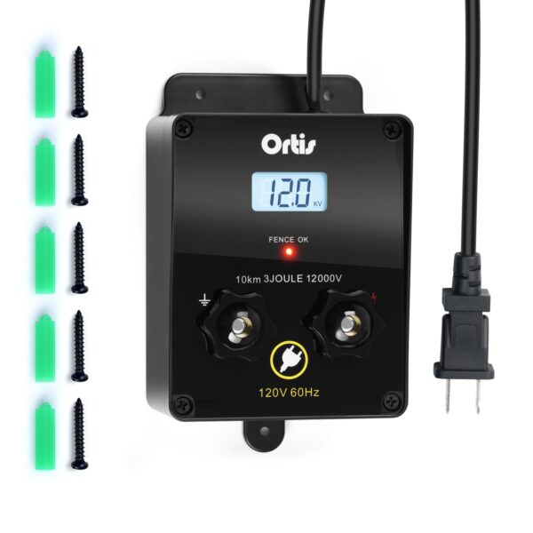 Electric Fence Energizer with LCD Display, Ortis 12,000V 3 Joules Electric Fence Charger, 6.2 Mile Range, Safe & Effective Animal Control for Livestock, Garden & Pasture Protection