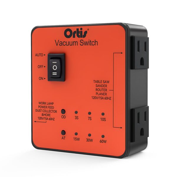 Automatic Vacuum Switch, Ortis Plug in Dust Control Autoswitch for 2 Power Tools, Auto/On/Off Modes, Adjustable Start & Delay-Off for Cleaner Air, Smoother Workflow, Orange