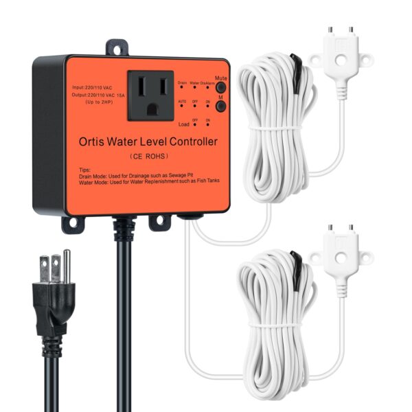 Hi-Lo Sump Pump Switch, Ortis Electronic Adjustable Float Switch Controller with Dual Sensors, LED Indicators, Corrosion-Resistant, 110/220V for Water Tanks Sewage Pits, Orange